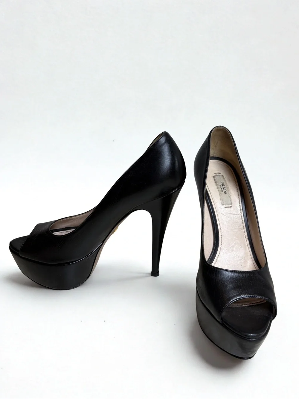 Prada Black Leather Peep-Toe Platform Pumps